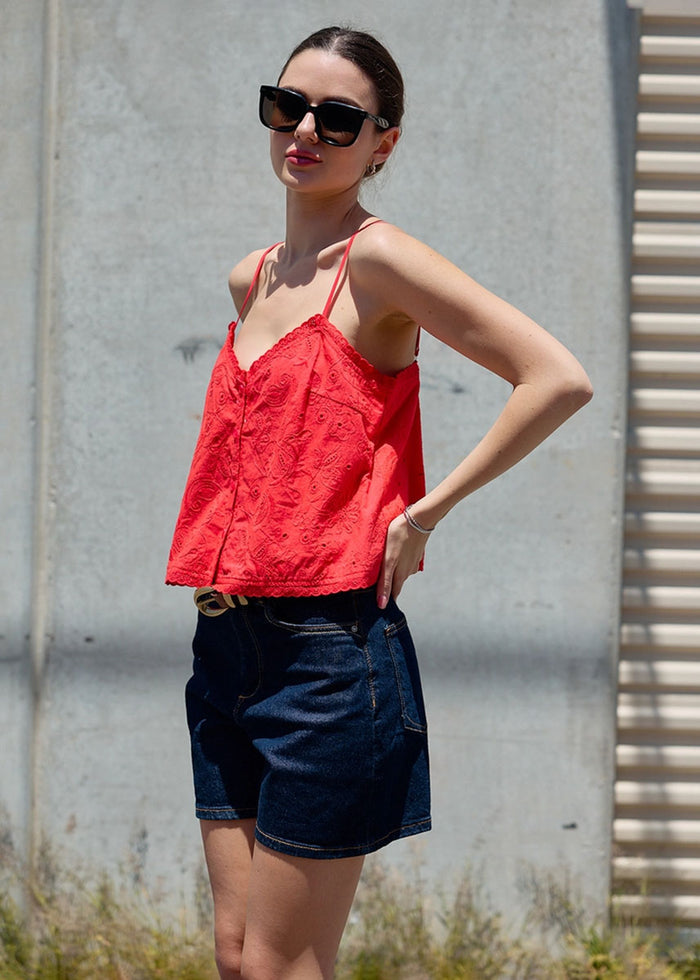 Livi Eyelet Embroidered Tank - Red