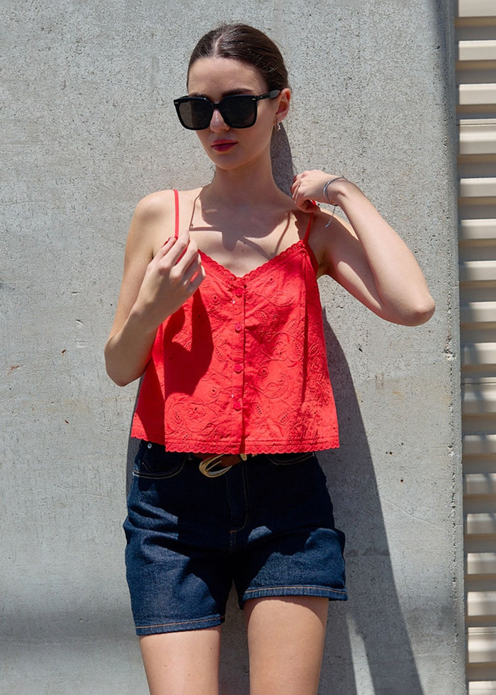 Livi Eyelet Embroidered Tank - Red