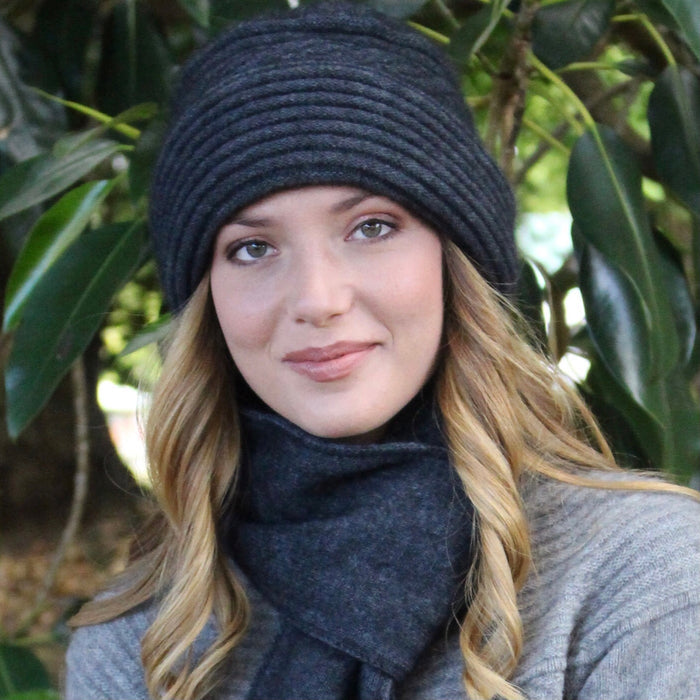 Merino & Possum Ribbed Clouche Hat - Charcoal