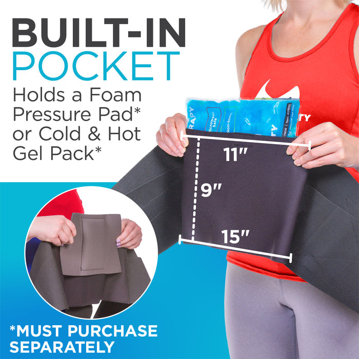 Built in pocket on the lumbar back brace holds a foam pressure pad or cold and hot gel pack to prevent chronic back pain