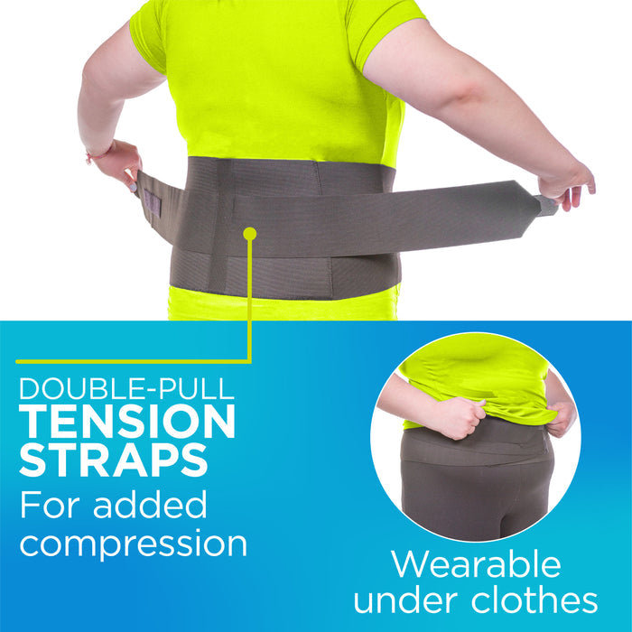 Double-pull tension straps provide sciatic nerve pain relief. The back support can be worn under clothes