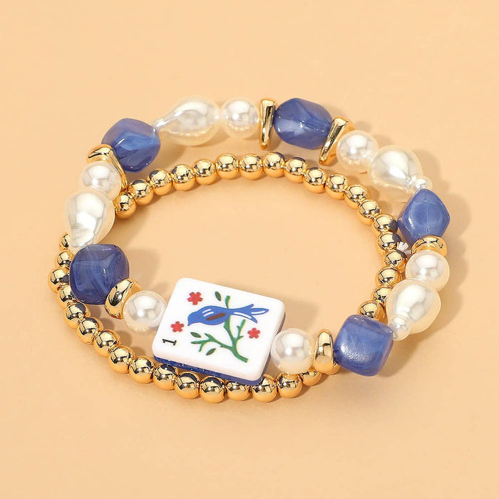 Mahjong Tile Pearl Beaded Multi Layered Bracelets - Blue/Gold