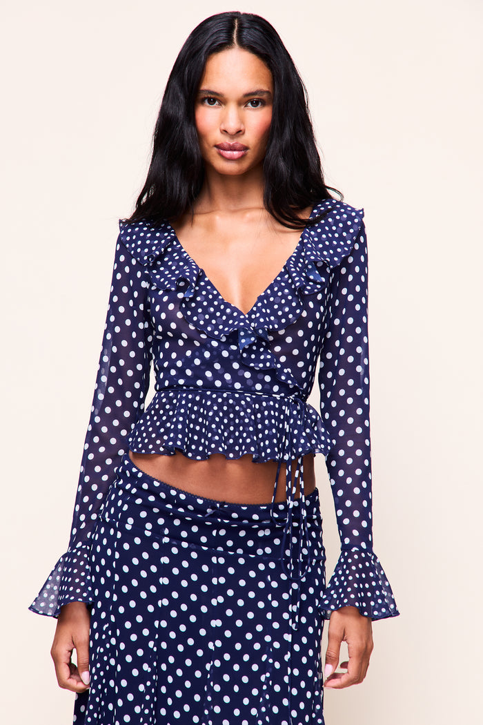 Mallorca Ruffle Wrap Top in Navy Mixed Polka Dot