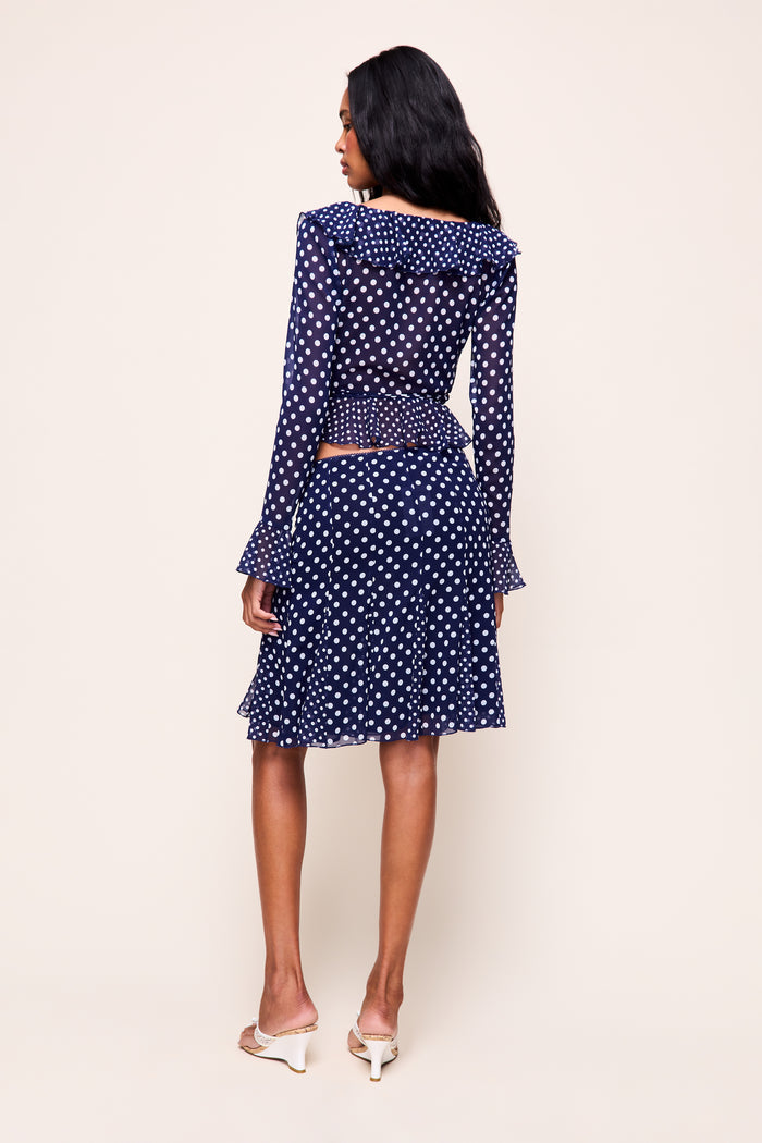 Mallorca Ruffle Wrap Top in Navy Mixed Polka Dot