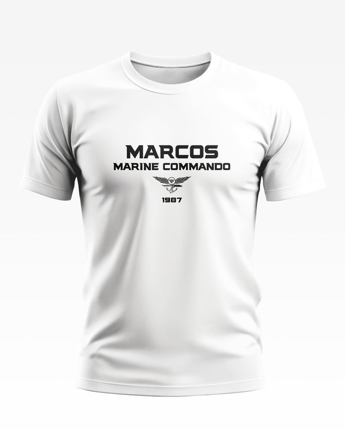 White men's t-shirt with MARCOS Marine Commando 1987 print and winged insignia design