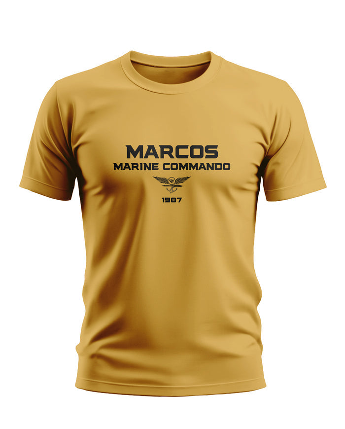 Yellow men's t-shirt with MARCOS Marine Commando 1987 print in black bold font