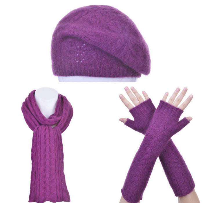 Merino and Possum glovelets, beret and scarf in colour Berry