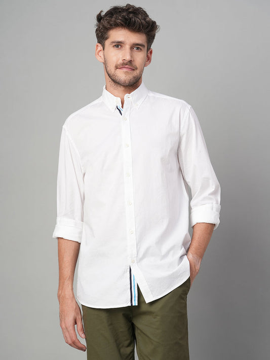 Men's 100% Cotton Band Collar Contrast Shirt White