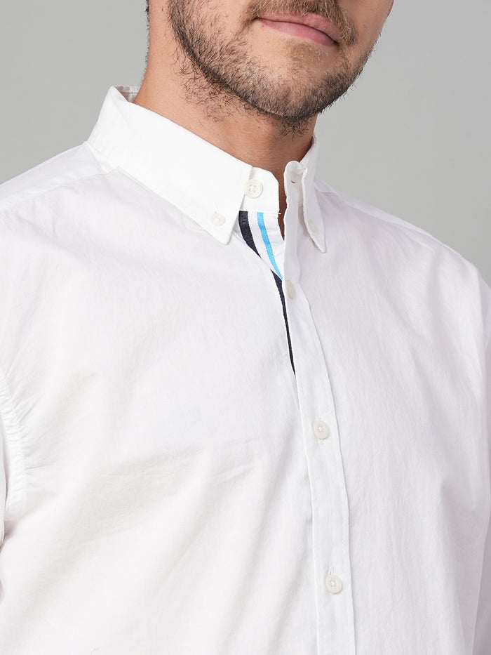 Men's 100% Cotton Band Collar Contrast Shirt White