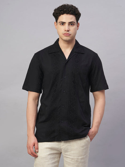 Men's 100% Cotton Regular Fit Camp Collar Shirt Black