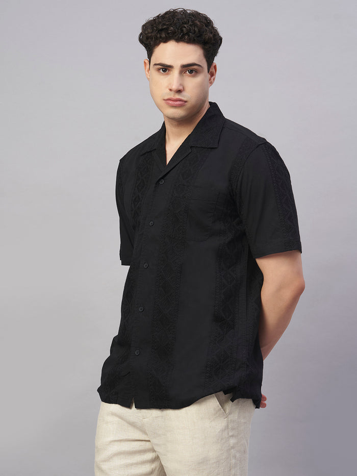Men's 100% Cotton Regular Fit Camp Collar Shirt Black