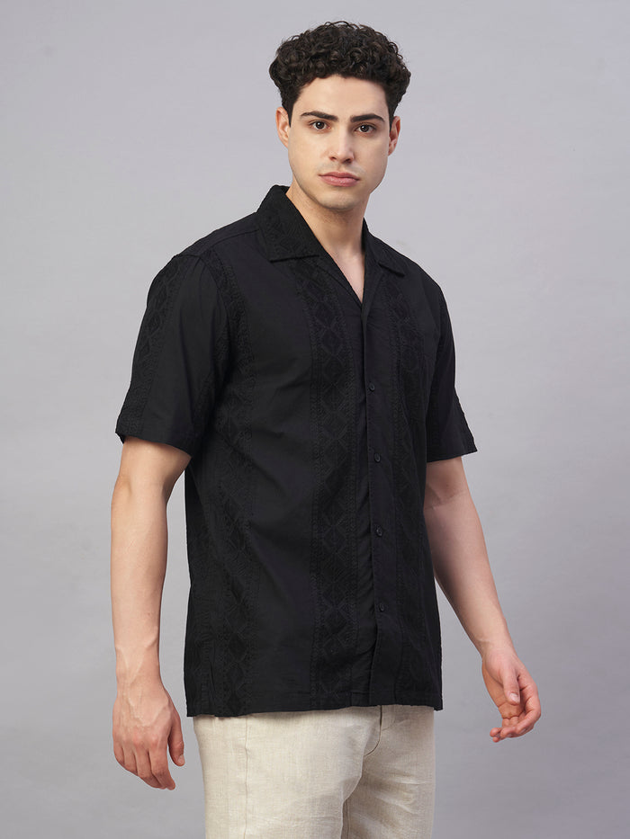 Men's 100% Cotton Regular Fit Camp Collar Shirt Black