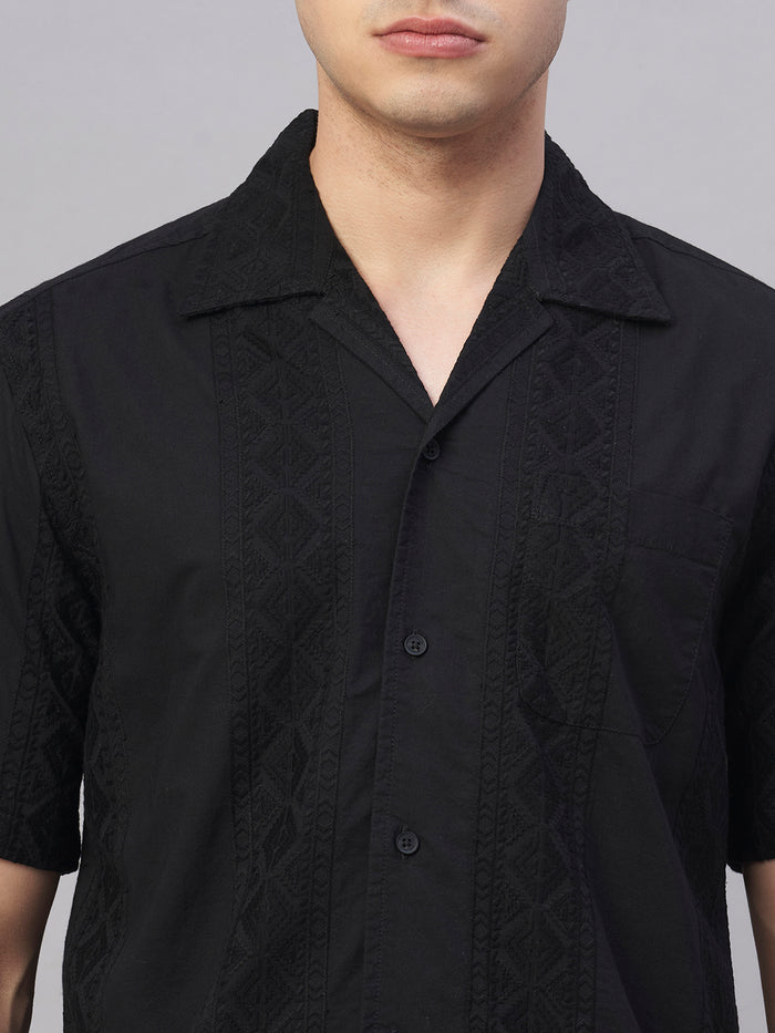 Men's 100% Cotton Regular Fit Camp Collar Shirt Black