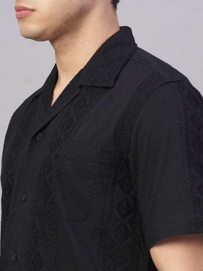 Men's 100% Cotton Regular Fit Camp Collar Shirt Black