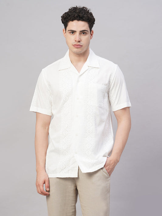 Men's 100% Cotton Regular Fit Camp Collar Shirt White