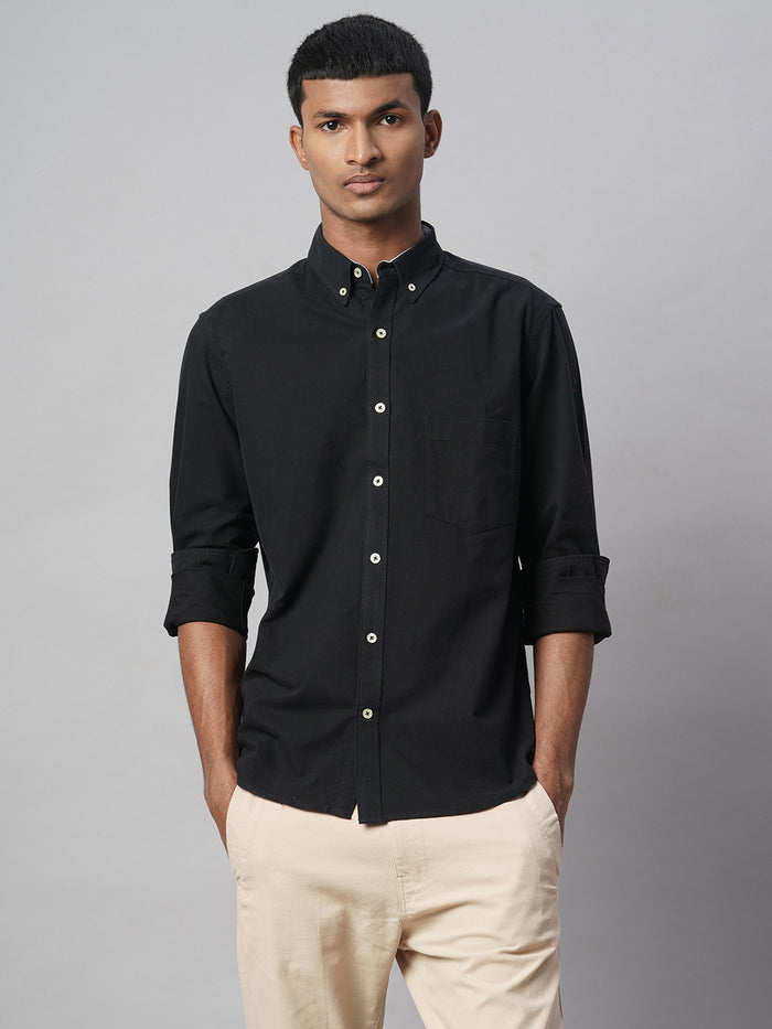 Men's 100% Cotton Regular Fit Long Sleeve Pocket Shirt Black