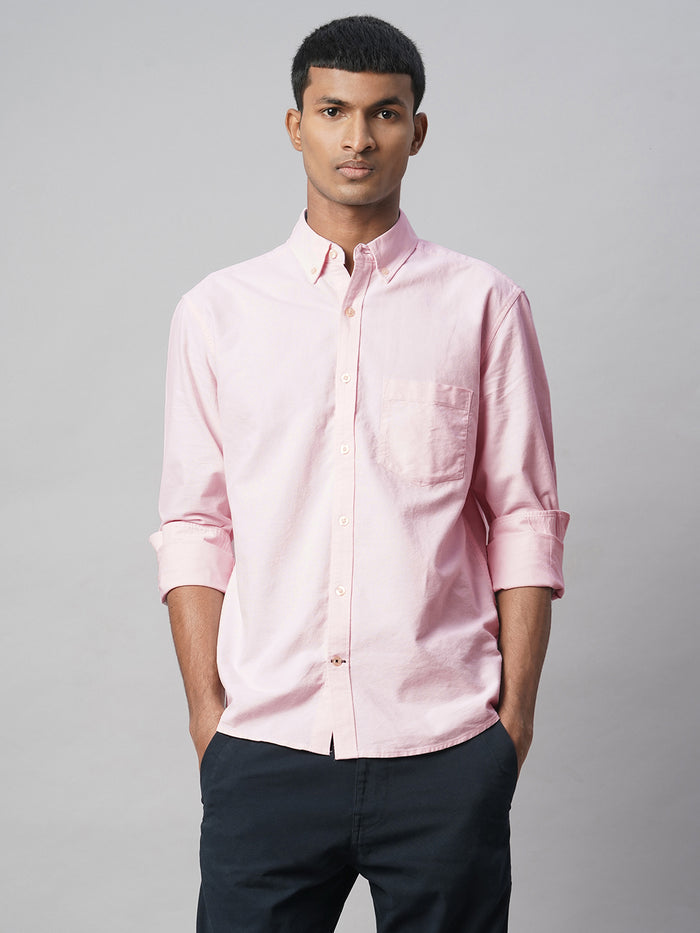 Men's 100% Cotton Regular Fit Long Sleeve Pocket Shirt Pink