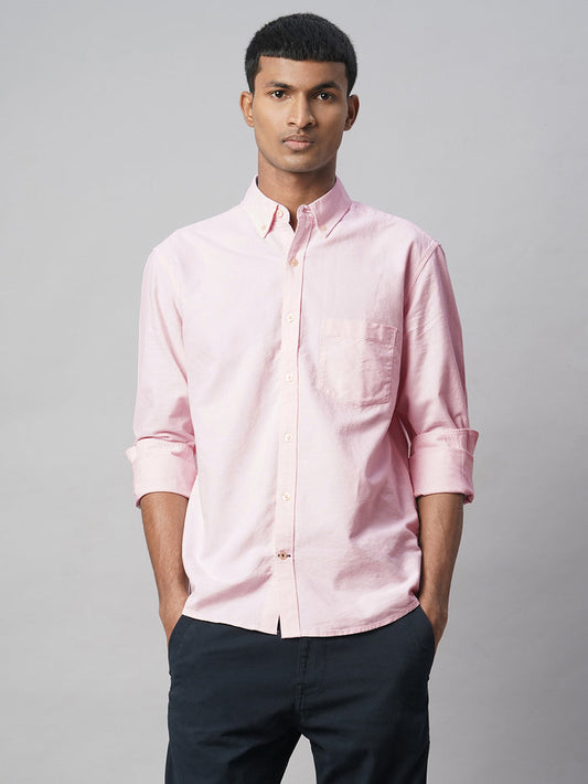 Men's 100% Cotton Regular Fit Long Sleeve Pocket Shirt Pink