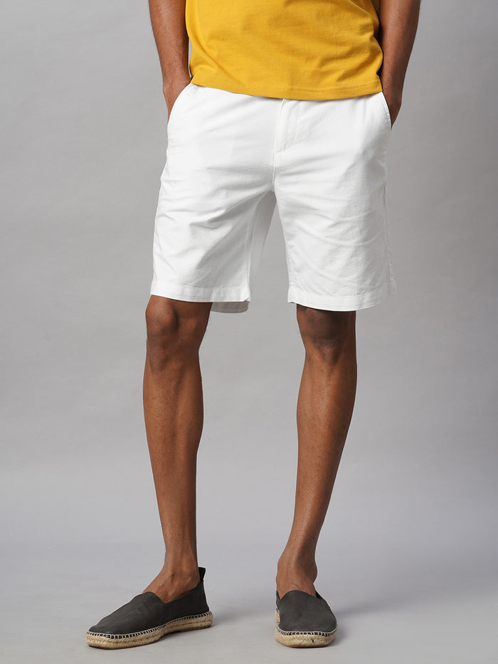 Men's 100% Cotton Regular Fit Shorts Button And Zip Closure White