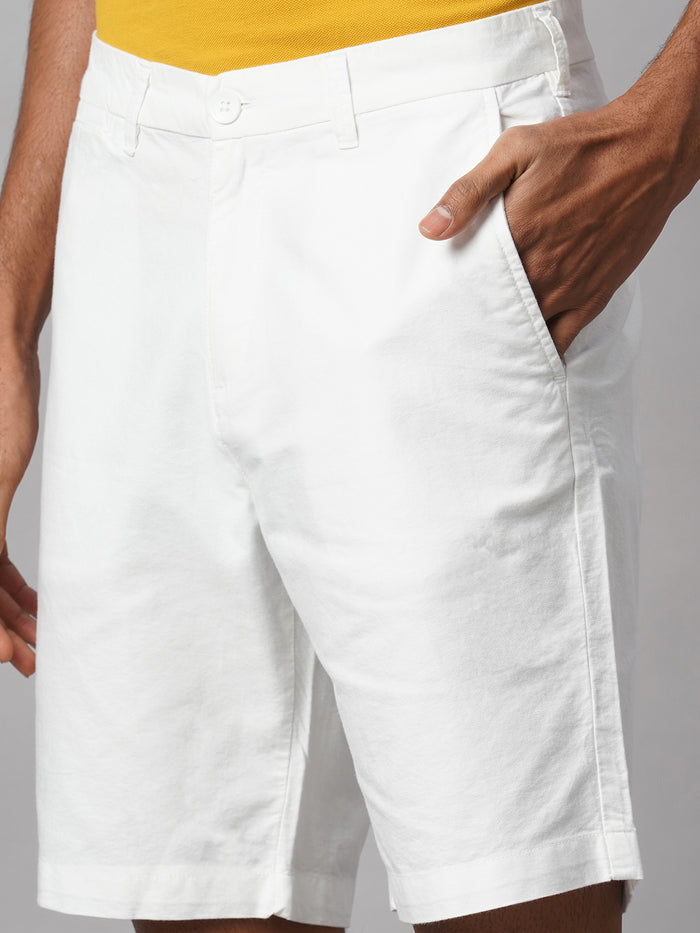 Men's 100% Cotton Regular Fit Shorts Button And Zip Closure White