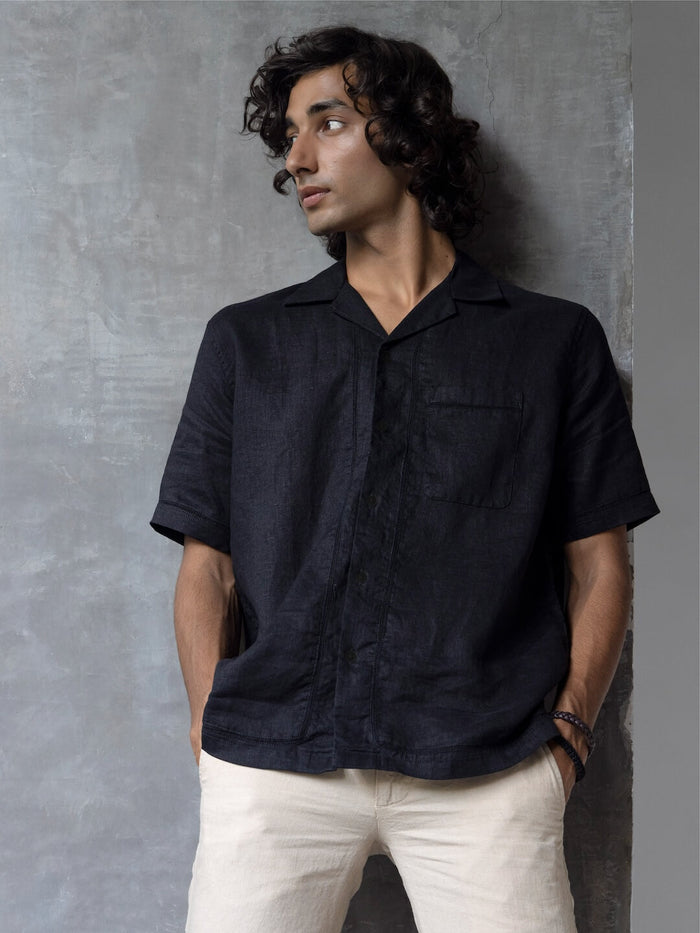 Men's 100% Linen Regular Fit Resort Collar Shirt Black