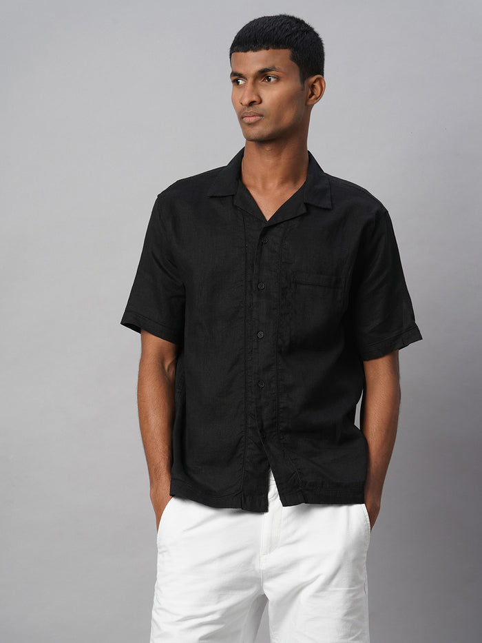 Men's 100% Linen Regular Fit Resort Collar Shirt Black
