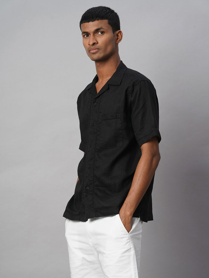 Men's 100% Linen Regular Fit Resort Collar Shirt Black