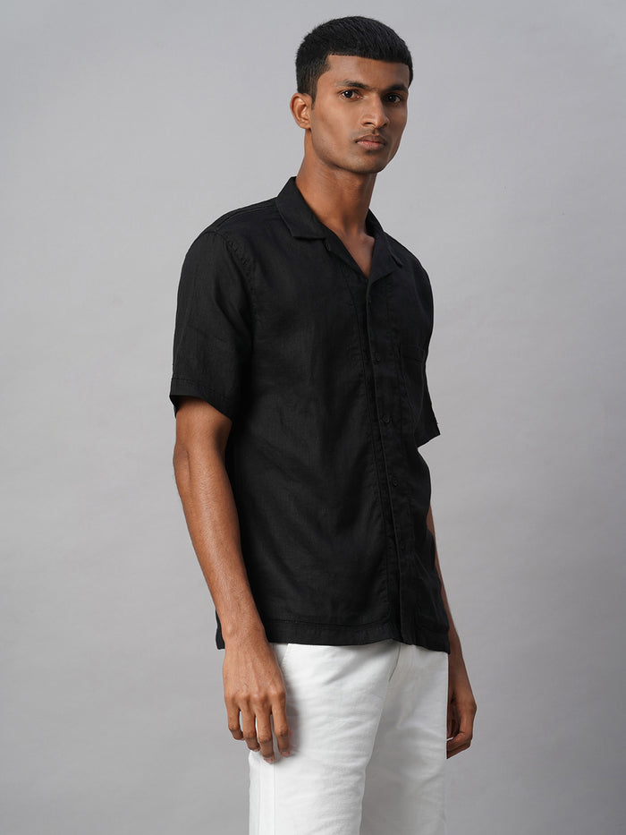 Men's 100% Linen Regular Fit Resort Collar Shirt Black