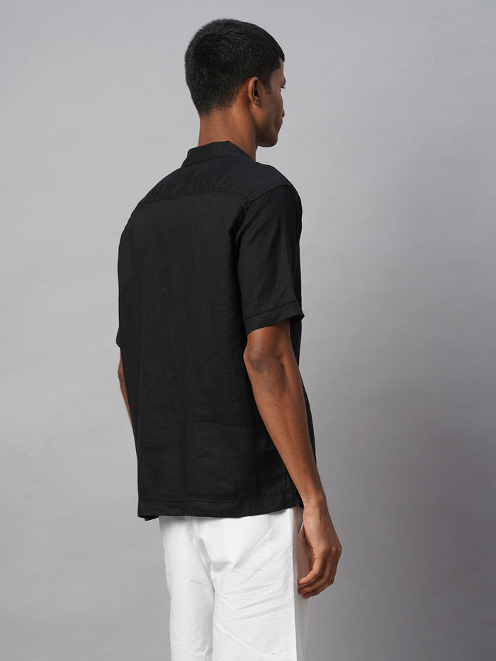 Men's 100% Linen Regular Fit Resort Collar Shirt Black