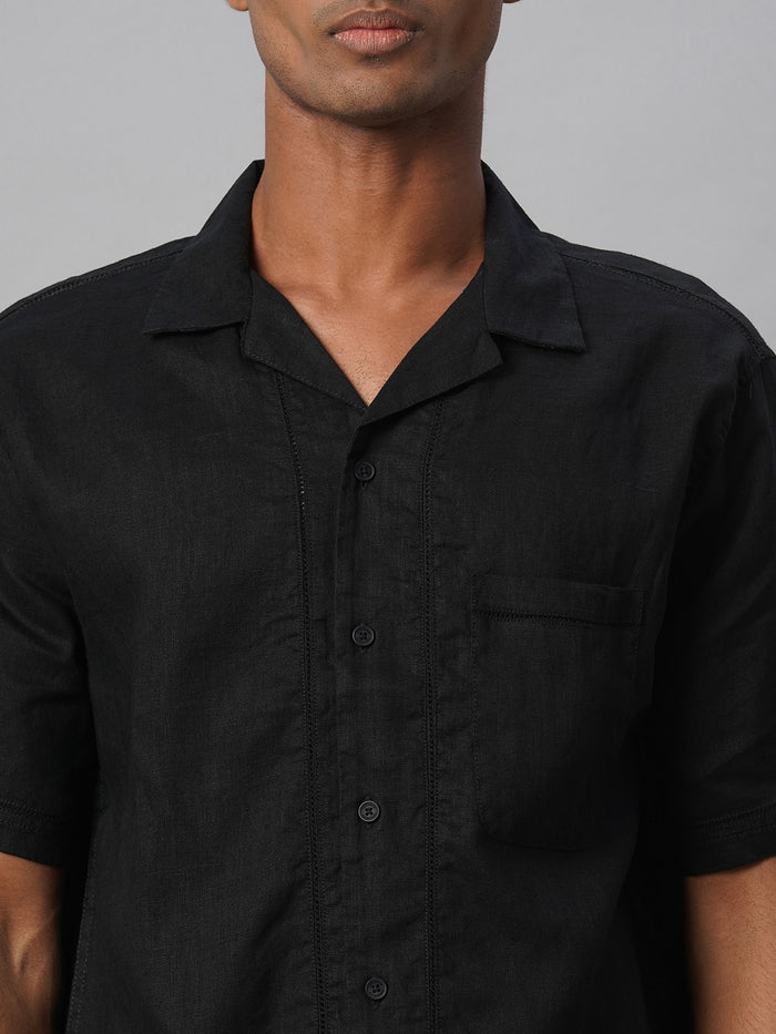 Men's 100% Linen Regular Fit Resort Collar Shirt Black