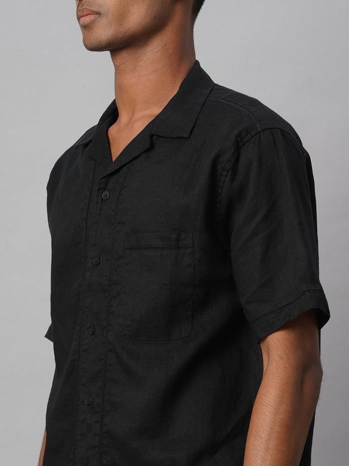 Men's 100% Linen Regular Fit Resort Collar Shirt Black