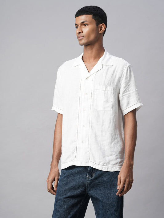 Men's 100% Linen Regular Fit Shirt Textured Pocket White