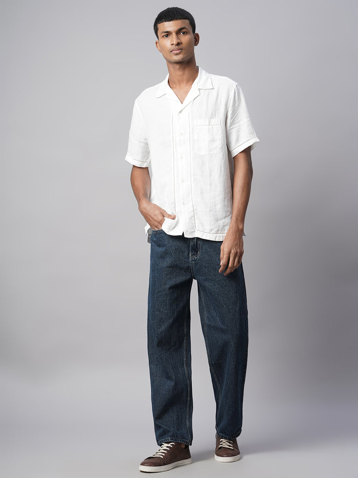 Men's 100% Linen Regular Fit Shirt Textured Pocket White