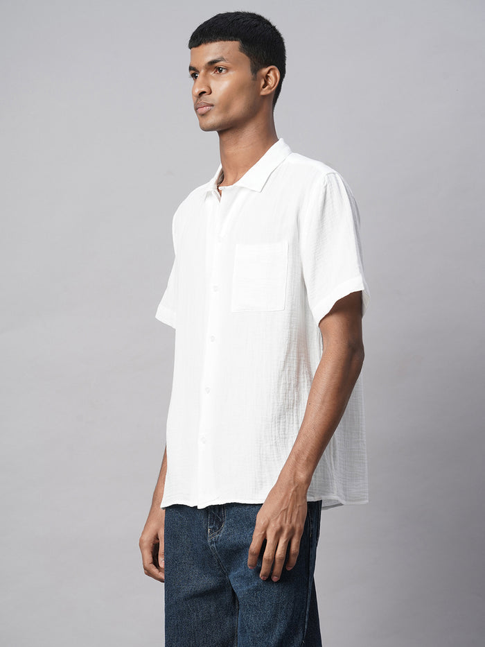Men's 100% Linen Regular Fit Shirt Textured Pocket White