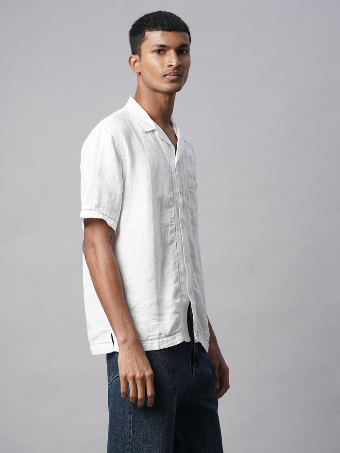 Men's 100% Linen Regular Fit Shirt Textured Pocket White