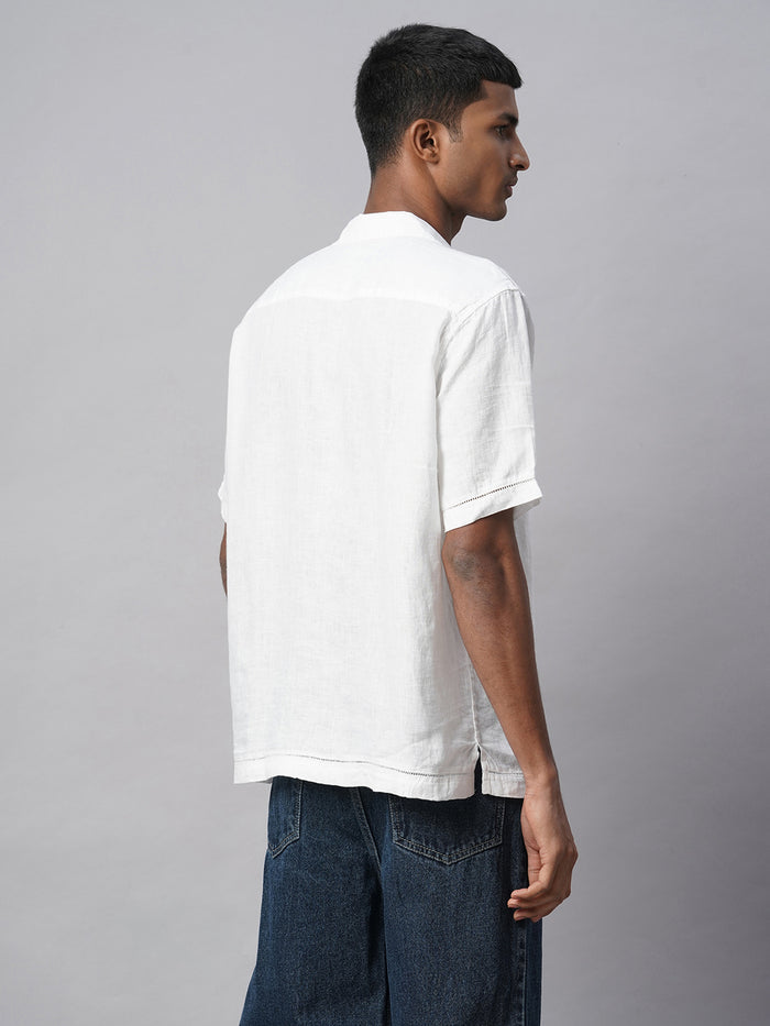 Men's 100% Linen Regular Fit Shirt Textured Pocket White