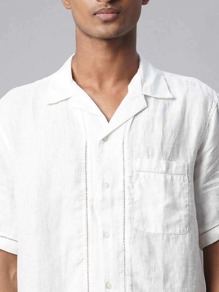 Men's 100% Linen Regular Fit Shirt Textured Pocket White