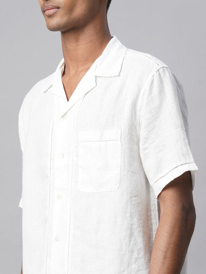 Men's 100% Linen Regular Fit Shirt Textured Pocket White
