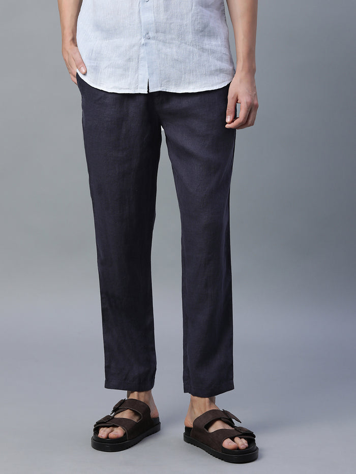 Men's 100% Linen Regular Fit Side Pocket Pants Navy