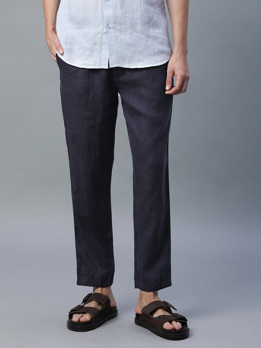 Men's 100% Linen Regular Fit Side Pocket Pants Navy