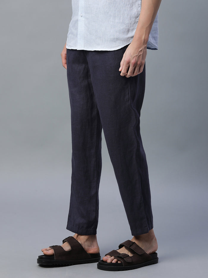 Men's 100% Linen Regular Fit Side Pocket Pants Navy