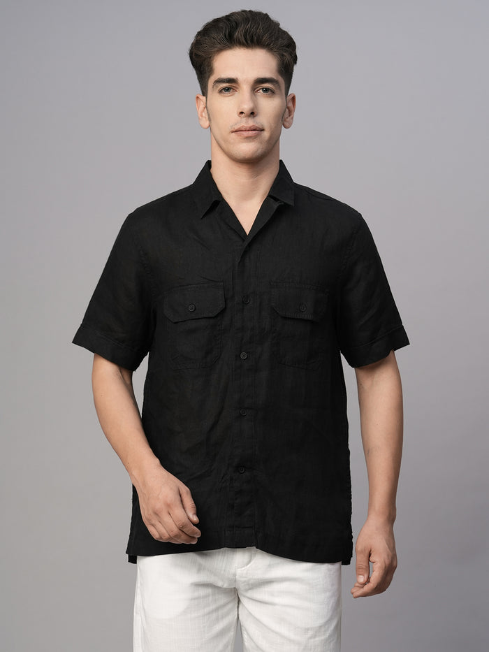 Men's 100% Linen Regular Fit Utility Pocket Shirt Black