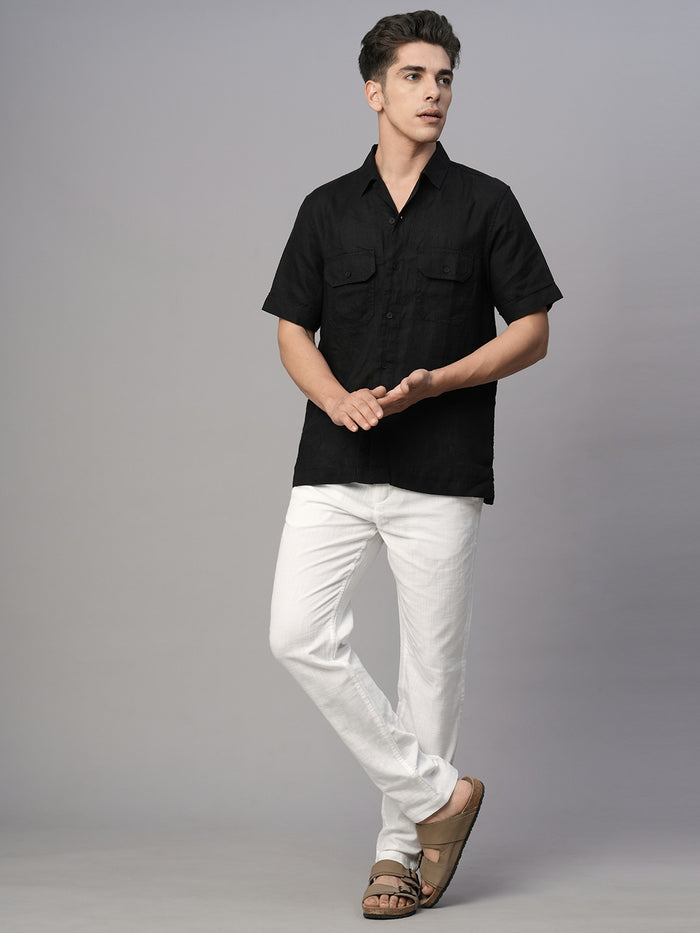 Men's 100% Linen Regular Fit Utility Pocket Shirt Black