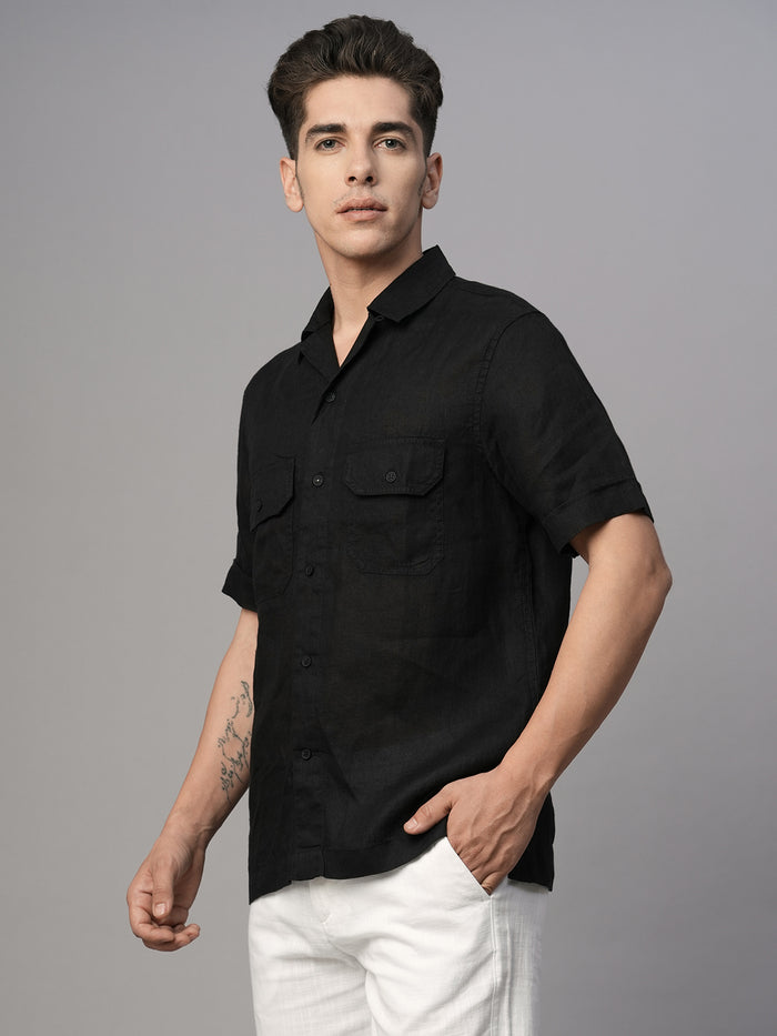 Men's 100% Linen Regular Fit Utility Pocket Shirt Black