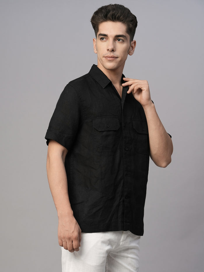Men's 100% Linen Regular Fit Utility Pocket Shirt Black