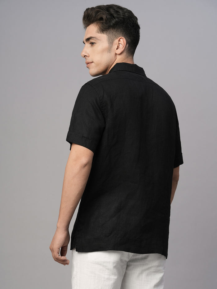Men's 100% Linen Regular Fit Utility Pocket Shirt Black