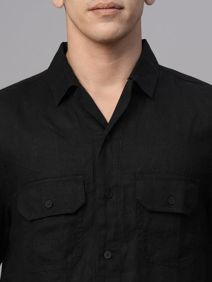 Men's 100% Linen Regular Fit Utility Pocket Shirt Black