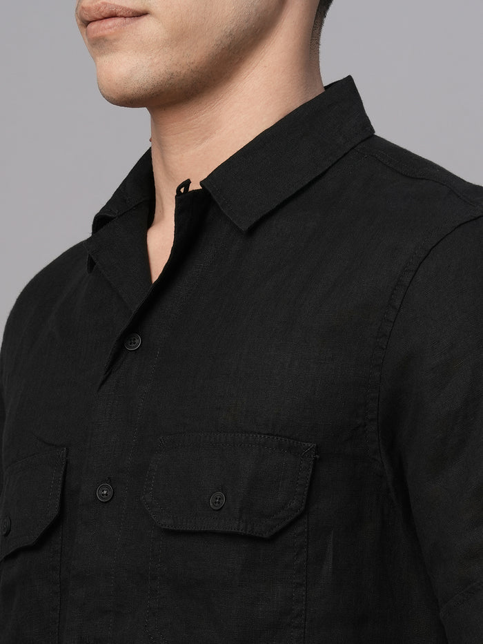 Men's 100% Linen Regular Fit Utility Pocket Shirt Black