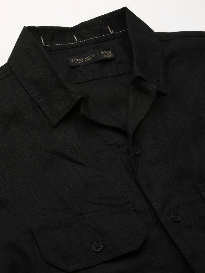 Men's 100% Linen Regular Fit Utility Pocket Shirt Black