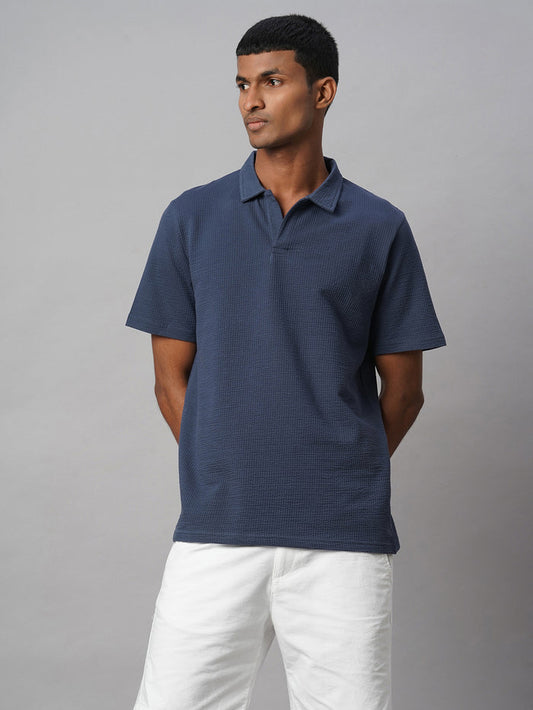 Men's Cotton Elastane Regular Fit Polo T Shirt Blue